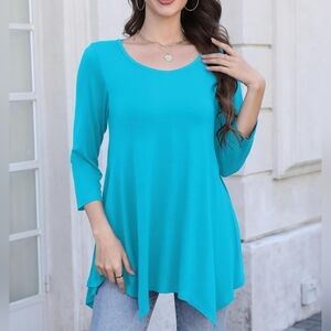 Women's 3/4 Sleeve Casual Flowy Loose Fit Swing Top Tunic, Lake Blue 3X